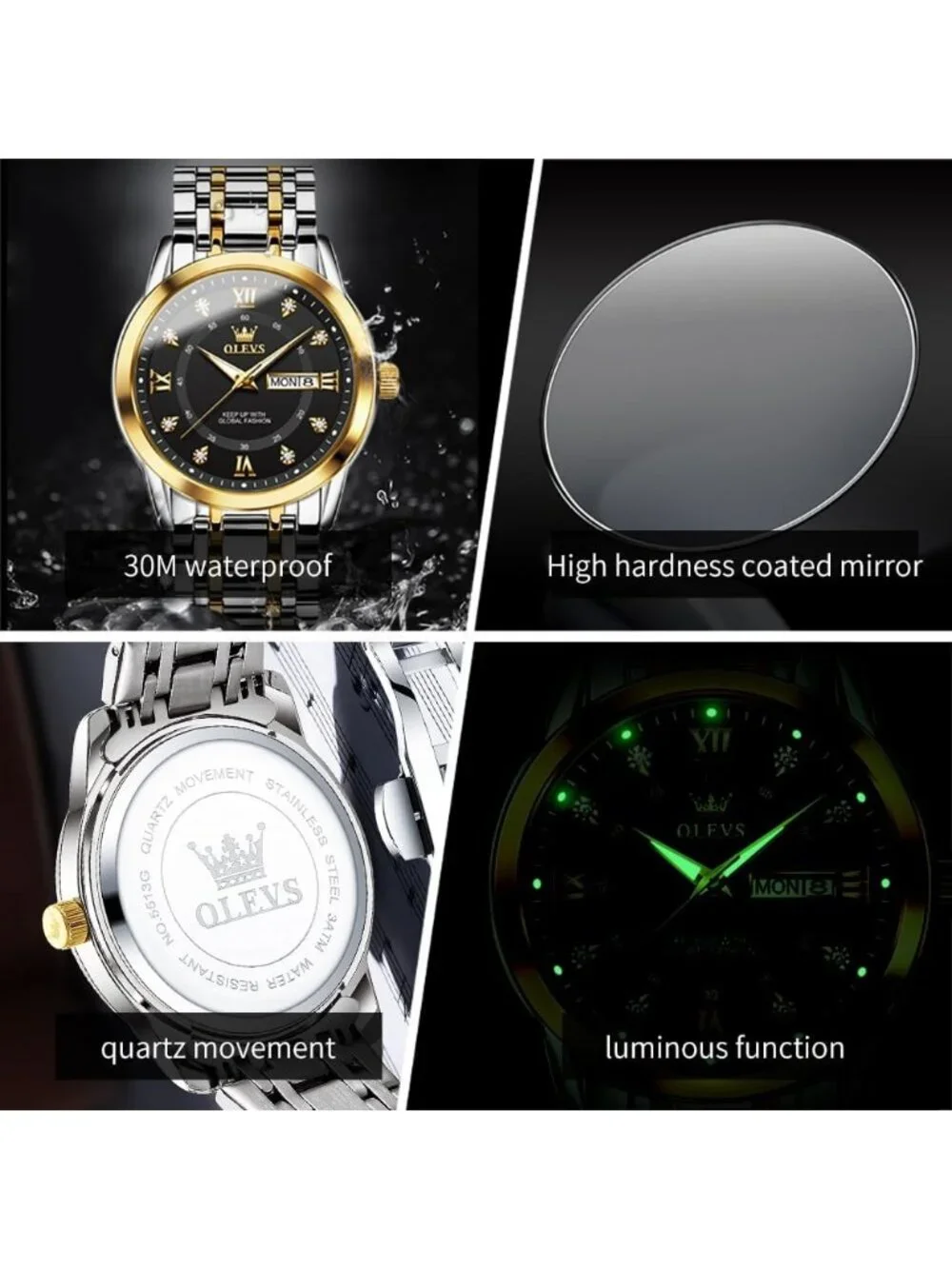 Mens Silver Black Face Stainless Luminous Quartz Waterproof Dimond Classic Watch